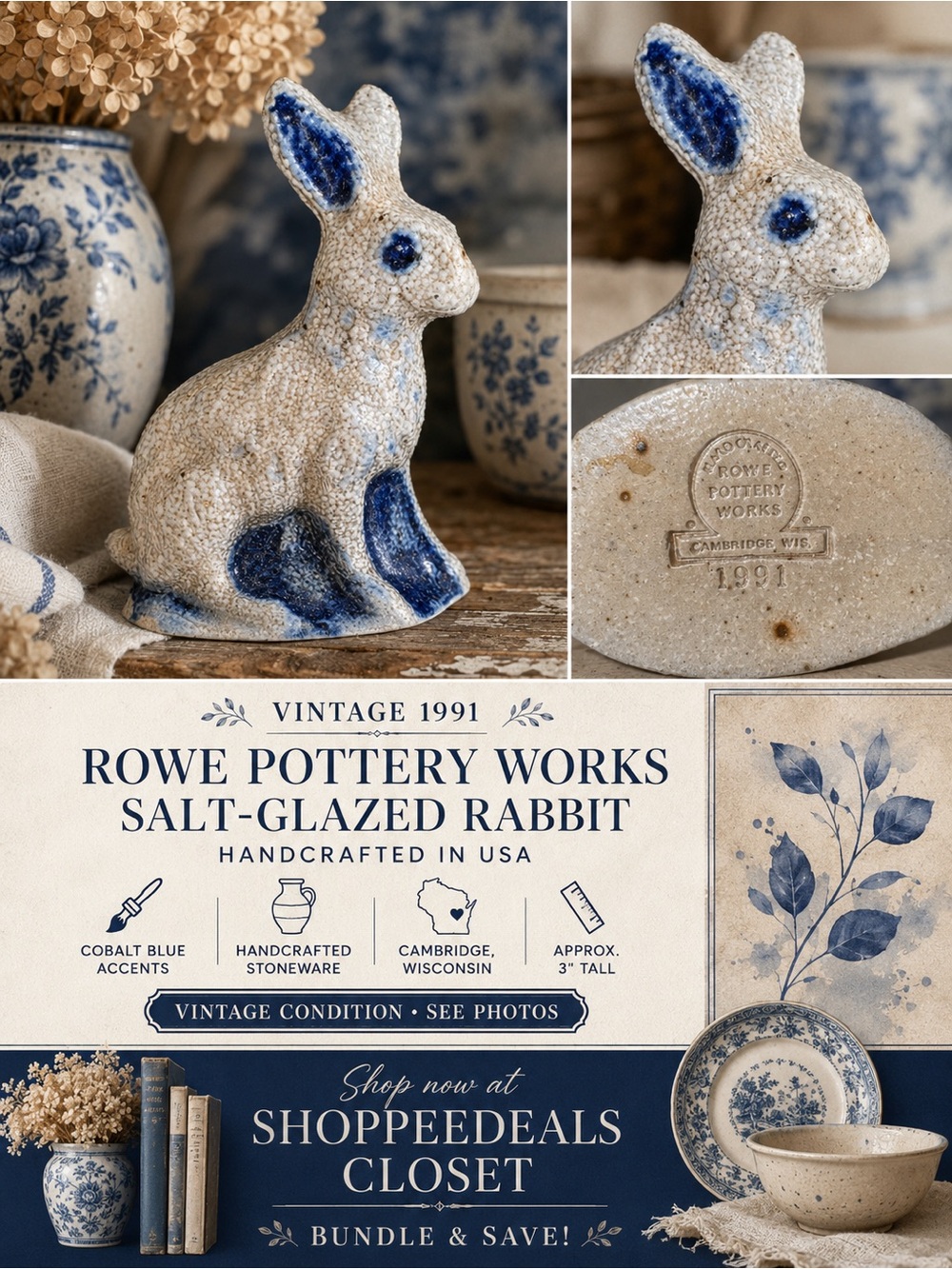 Vintage 1991 Rowe Pottery Works Salt Glaze Rabbit Figurine Cobalt Blue